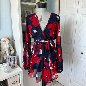 Luxxel Navy & Red Floral Wrap Dress – Size L – NWOT